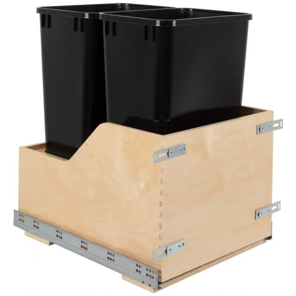 Double 50 Quart Wood Bottom-Mount Soft-close Trashcan Rollout for Door Mounting, Includes Two Cans