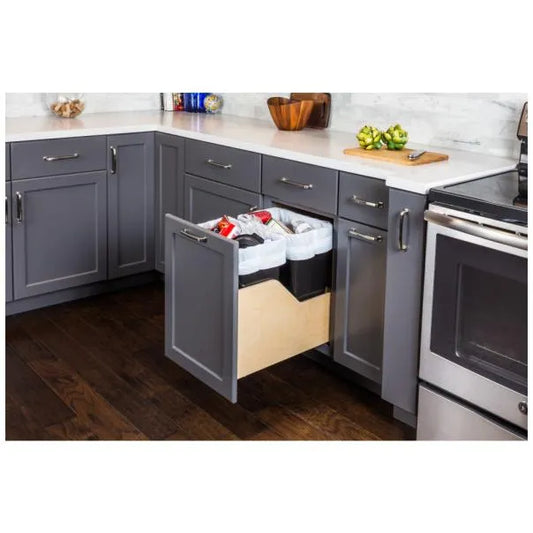 Double 35 Quart Wood Bottom-Mount Soft-close Trashcan Rollout for Door Mounting, Includes Two Cans