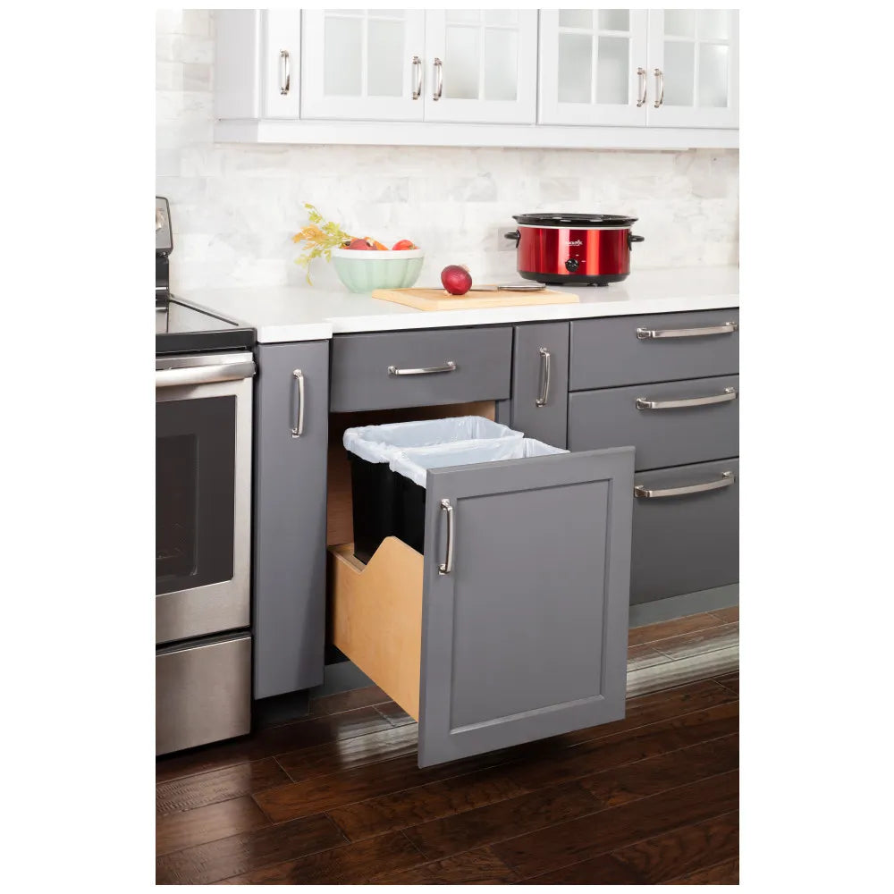 Double 35 Quart Wood Bottom-Mount Soft-close Trashcan Rollout for Door Mounting, Includes Two Cans
