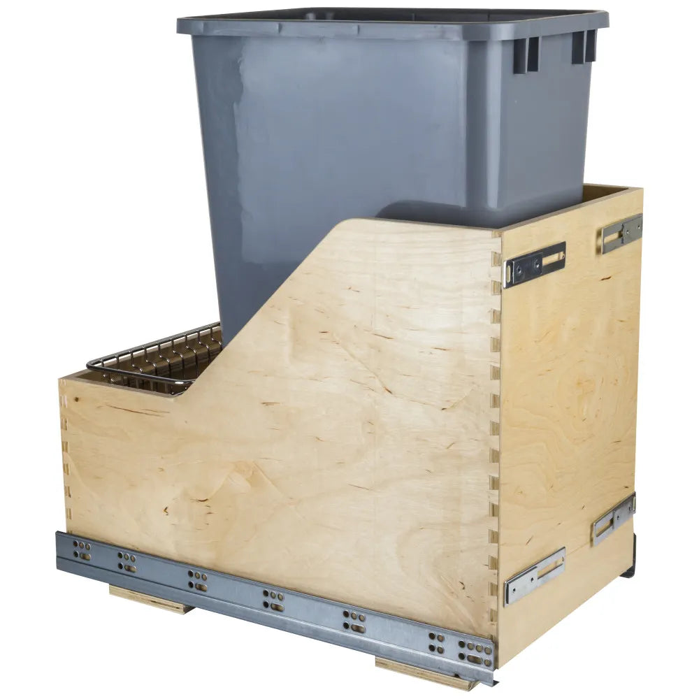 Single 50 Quart Wood Bottom-Mount Soft-close Trashcan Rollout for Door Mounting, Includes One Can