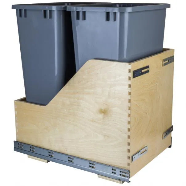 Double 50 Quart Wood Bottom-Mount Soft-close Trashcan Rollout for Door Mounting, Includes Two Cans