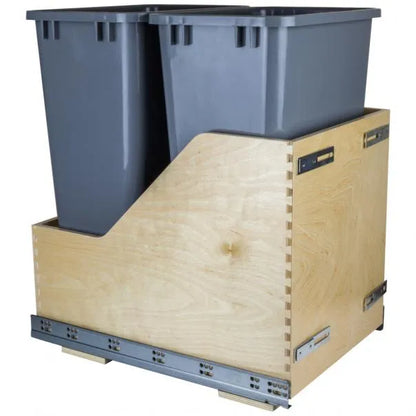 Double 50 Quart Wood Bottom-Mount Soft-close Trashcan Rollout for Door Mounting, Includes Two Cans