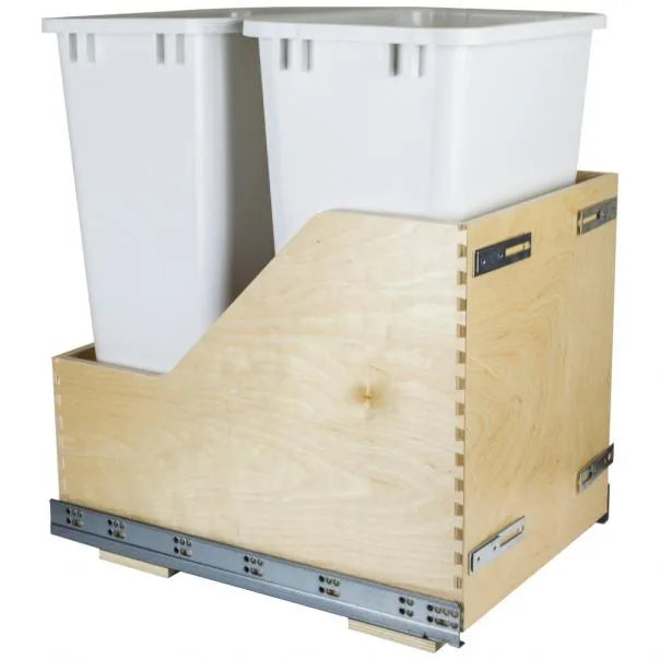 Double 50 Quart Wood Bottom-Mount Soft-close Trashcan Rollout for Door Mounting, Includes Two Cans