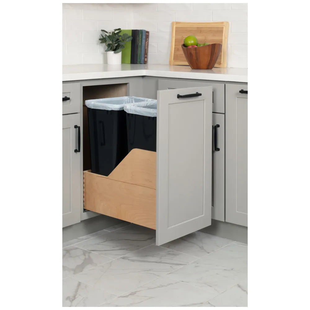 Double 50 Quart Wood Bottom-Mount Soft-close Trashcan Rollout for Door Mounting, Includes Two Cans