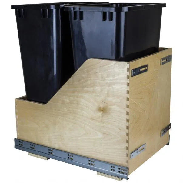 Double 50 Quart Wood Bottom-Mount Soft-close Trashcan Rollout for Door Mounting, Includes Two Cans