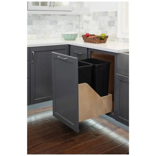 Double 50 Quart Wood Bottom-Mount Soft-close Trashcan Rollout for Door Mounting, Includes Two Cans