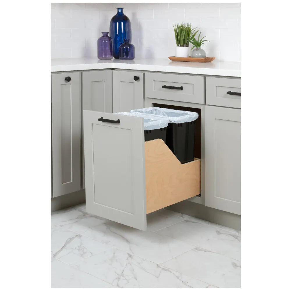 Double 35 Quart Wood Bottom-Mount Soft-close Trashcan Rollout for Door Mounting, Includes Two Cans