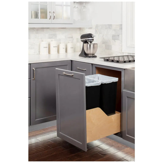 Double 50 Quart Wood Bottom-Mount Soft-close Trashcan Rollout for Door Mounting, Includes Two Cans