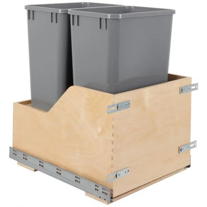 Double 50 Quart Wood Bottom-Mount Soft-close Trashcan Rollout for Door Mounting, Includes Two Cans