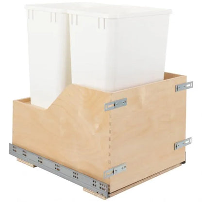 Double 50 Quart Wood Bottom-Mount Soft-close Trashcan Rollout for Door Mounting, Includes Two Cans