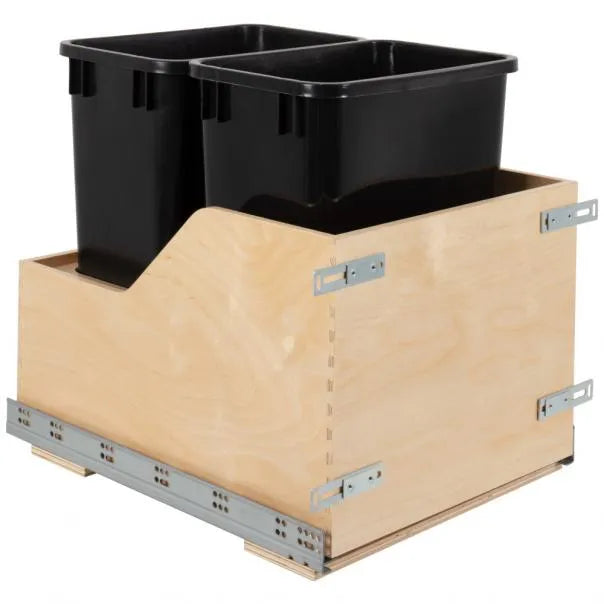 Double 35 Quart Wood Bottom-Mount Soft-close Trashcan Rollout for Door Mounting, Includes Two Cans