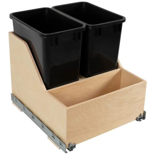 Double 35 Quart Wood Bottom-Mount Soft-close Trashcan Rollout for Door Mounting, Includes Two Cans