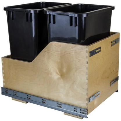 Double 35 Quart Wood Bottom-Mount Soft-close Trashcan Rollout for Door Mounting, Includes Two Cans