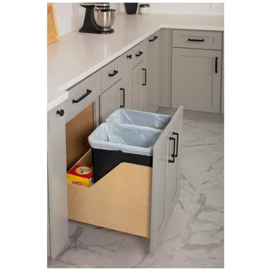 Double 35 Quart Wood Bottom-Mount Soft-close Trashcan Rollout for Door Mounting, Includes Two Cans