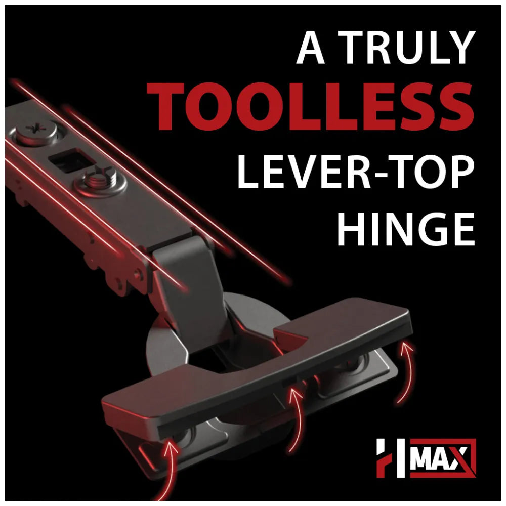 HR MAX™ 110° Heavy Duty Full Overlay Cam Adjustable Soft-close Hinge with Lever-Top Dowels