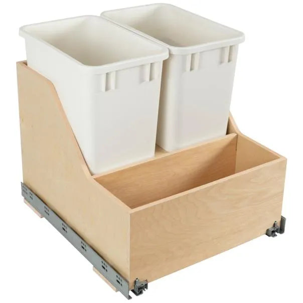 Double 35 Quart Wood Bottom-Mount Soft-close Trashcan Rollout for Door Mounting, Includes Two Cans