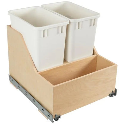 Double 35 Quart Wood Bottom-Mount Soft-close Trashcan Rollout for Door Mounting, Includes Two Cans