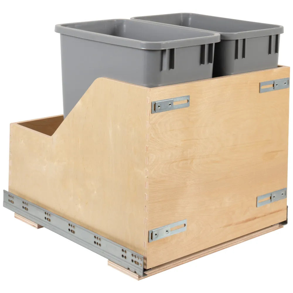 Double 35 Quart Wood Bottom-Mount Soft-close Trashcan Rollout for Door Mounting, Includes Two Cans