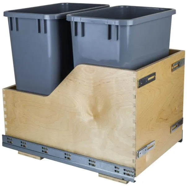 Double 35 Quart Wood Bottom-Mount Soft-close Trashcan Rollout for Door Mounting, Includes Two Cans