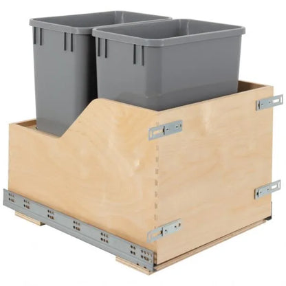 Double 35 Quart Wood Bottom-Mount Soft-close Trashcan Rollout for Door Mounting, Includes Two Cans